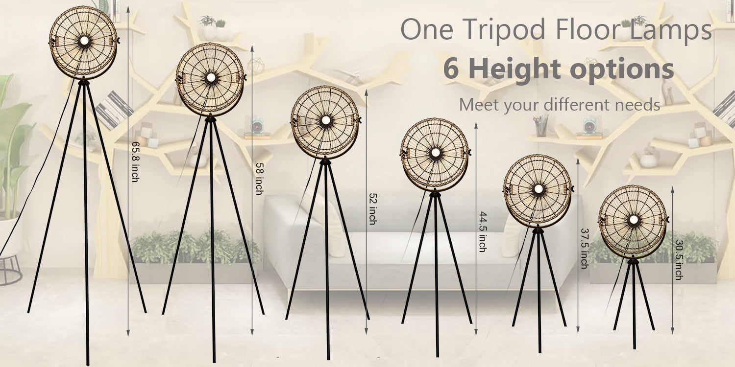 Osasy 65.8 in Rustic Boho Adjustable Height Metal Tripod Floor Lamp with Beige Bowl Shade