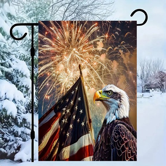 RKSupls Patriotic Linen Double Sided Garden Flag, Independence Day Themed Yard Decor, Eagle And Flag with Golden Fireworks Display Outdoor Banner for Holiday Lawn