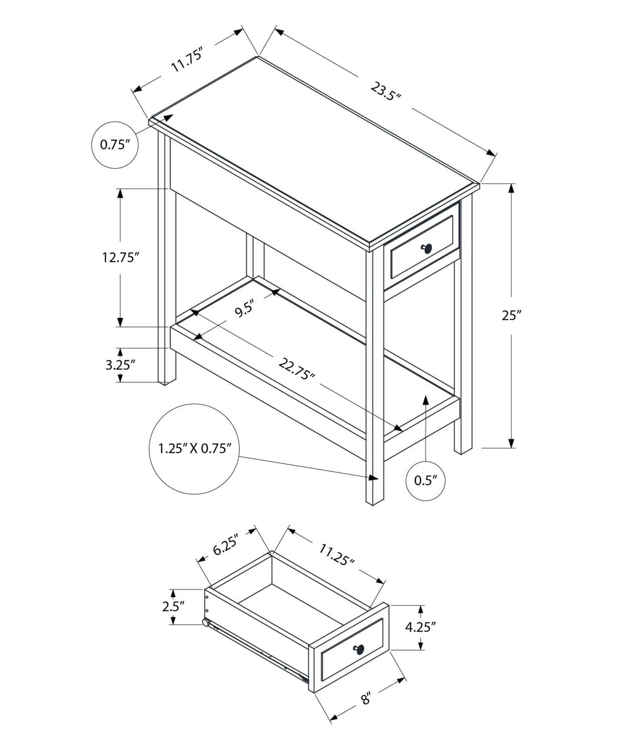 Monarch Specialties  Table D'appoint, 2 Niveaux, Bout, Table D'appoint, Étroit, Table De Nuit, Chambre À Coucher, Tiroir De Rangement, Lampe, Placage Brun, Transitionnel