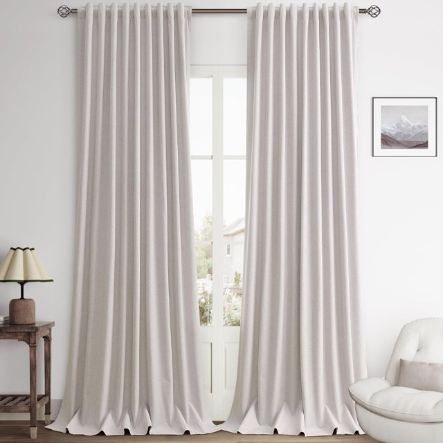 ASWZXCFGV Green Linen Blackout Curtains 84 Inch Length 2 Panels Set for Bedroom Back Tab Neutral Pleated Look Living Room Darkening Curtains Track System Thermal Insulated Black Out Drape