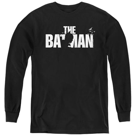 The Batman Silhouette Title Kids Long Sleeve T Shirt (Small) for Youth Boys and Girls, Black