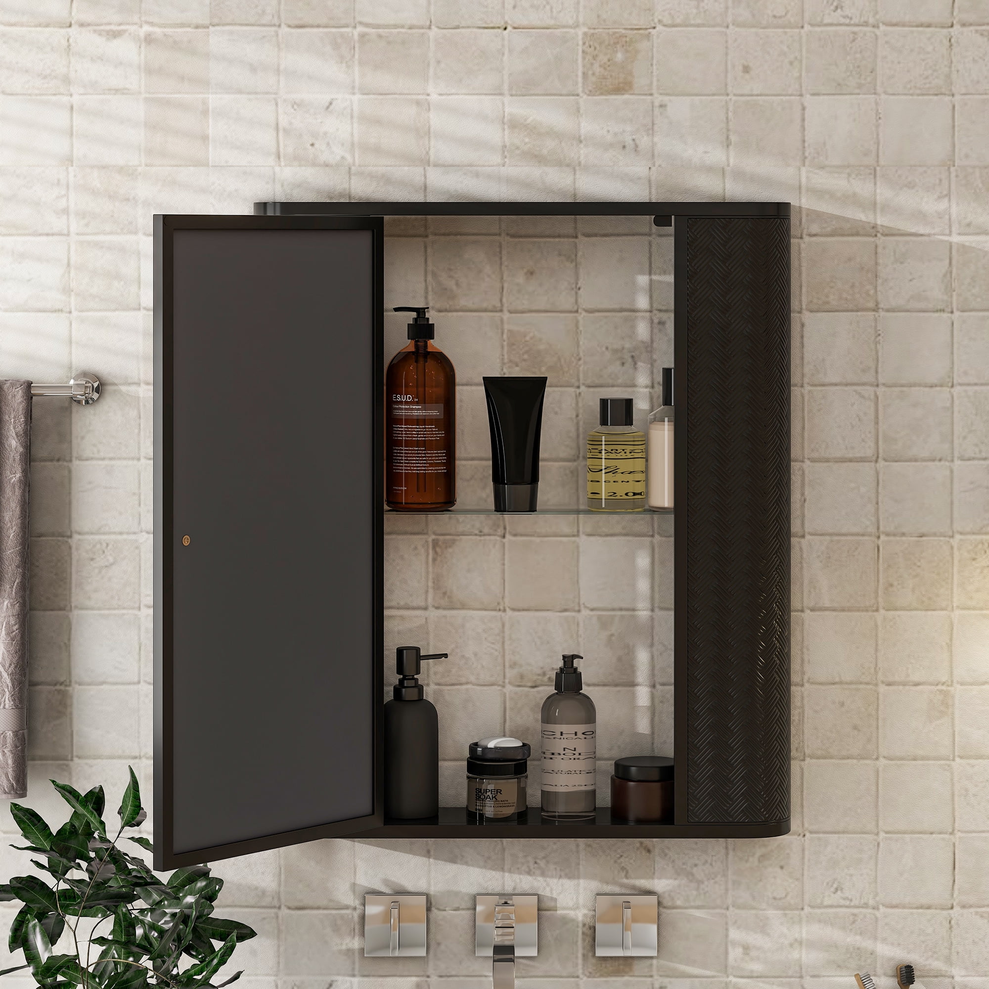 Bathroom Medicine Cabinet Over The Toilet Storage Wall Mounted Mirror Cabinet,&nbsp;with Glass Shelf Open Compartment and Magnetic Closure, Bathroom Organizer Antique Black