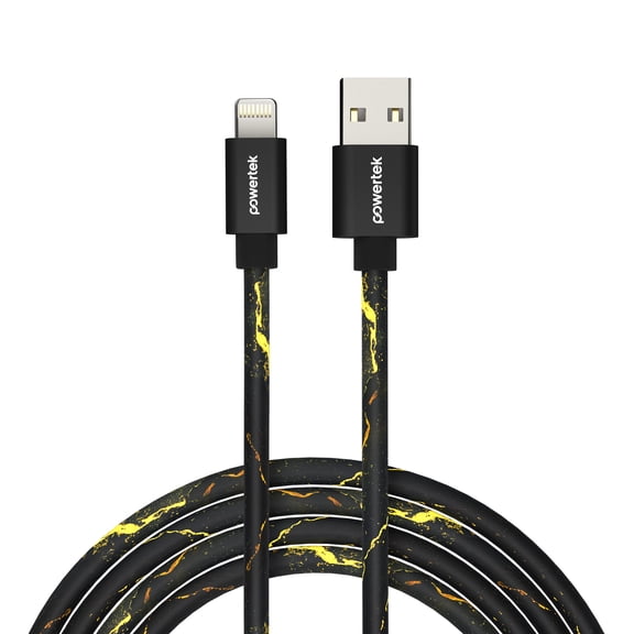 Powertek Marble 6ft USB-A to Lightning Cable, Black & Gold, Fast Charging, Silicone Marble Design, Smooth Data Transfer