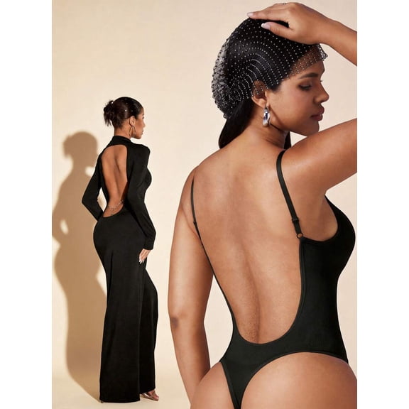 Black Seamless Backless Bodysuit With Tummy Control - Womens Shapewear