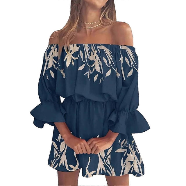 Vestido de mujer con estampado floral, hombros descubiertos, mangas largas con volantes, cintura alta, estilo túnica con volantes y corte en A.