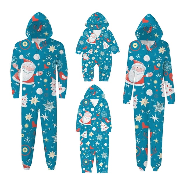 Mono familiar a juego para Navidad 2024, disfraz de cosplay de una pieza con estampado gráfico de Papá Noel y sombrero de ciervo, ropa de estar clásica para otoño e invierno, atuendo navideño, azul