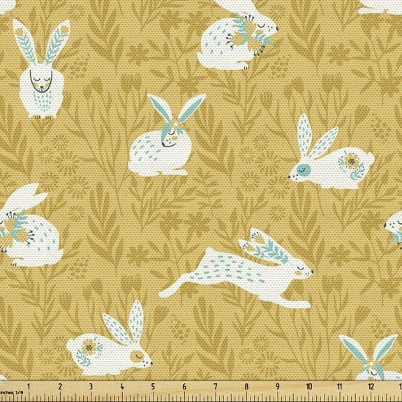 Bunny Upholstery Fabric by the Yard, Countryside Field Nature Inspired Pattern Animals with Floral Ornaments, Decorative Fabric for DIY and Home Accents, 1 Yard, Mustard Seafoam White by Ambesonne