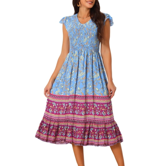 Unique Bargains Women's Floral Flutter Sleeve Smocked High Waist Flowy Boho Dress S Blue