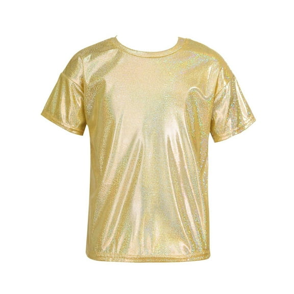 Kid Boys Girls Short Sleeve T-Shirt Sparkly Metallic Tops for Performance Party Jazz Dance Costumes