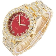 Charles Raymond blinged Out Mens Silver Big Rocks Hip Hop with Roman Numerals Fully Iced Out Colorful Dial Watch - ST10327 RN Single (Gold Blood Red)