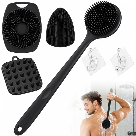 Yalumo Silicone Body Scrubber Set 4 PCS, 15in Back Scrubber for Shower, Exfoliating Shower Brush, Face Scrubber, Scalp Massager with 2 Adhesive Hooks for Men Women