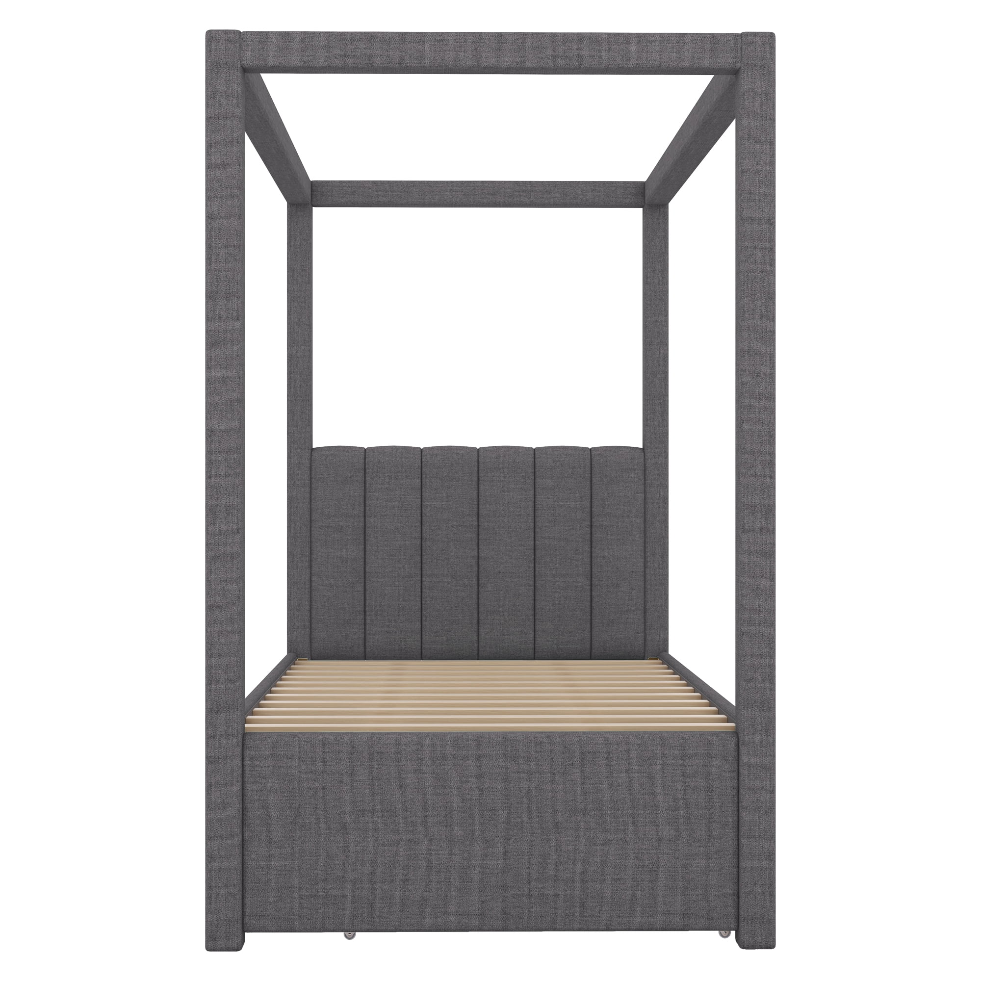 EUROCO Upholstered Twin Size Canopy Bed Frame with Trundle Bed and 3 Drawers, Platform Bed with Headboard for Kids Teens Adults, Gray