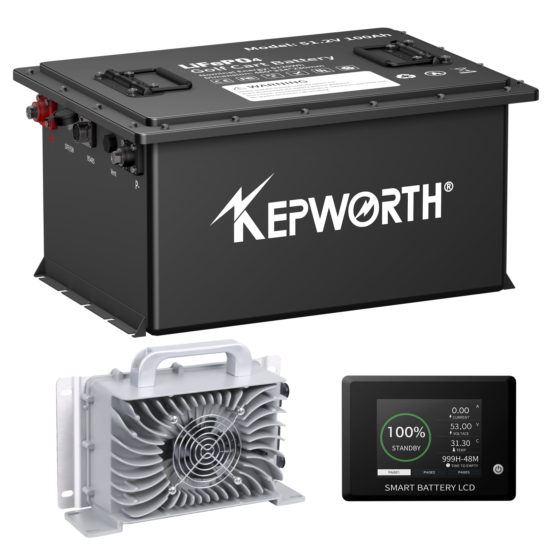 KEPWORTH 48V 100Ah Lithium Battery LiFepo4 Golf Cart Batteries with Powerful 200A BMS, 4000-15000 Rechargeable Dee Cycle, 10-Years-Lifetime, Grade A Cells, with A Smart Battery Monitor & 20A Charger.