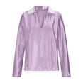 thumbnail image 5 of Women's Dressy Satin Shirts Lapel Deep V-neck Business Casual Outfits Office Blouses Solid Long Sleeve Work Tops (M, Purple), 5 of 7