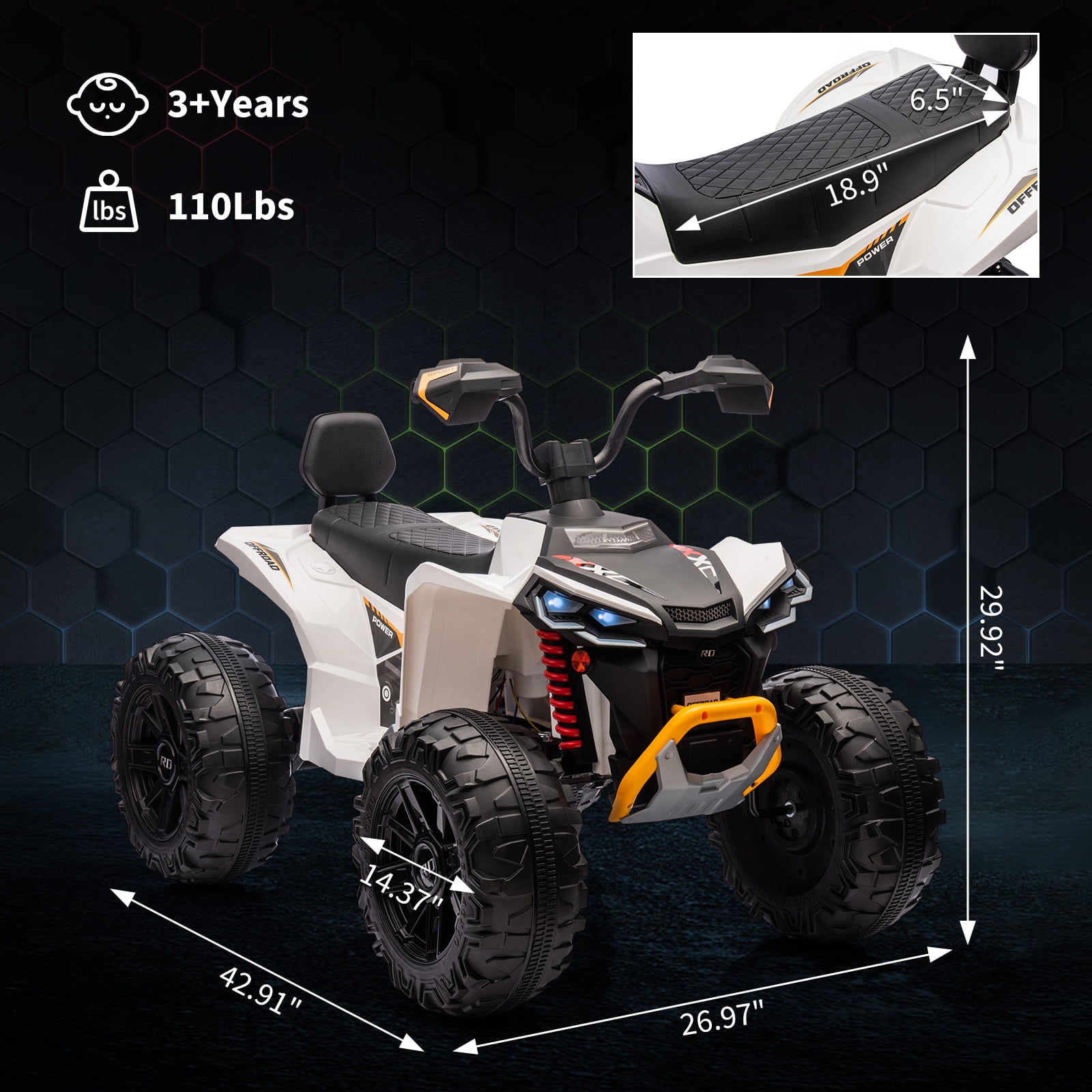 24V 2-Seater Electric Kids ATV Ride-On Car – Dual 550W Motors, Off-Road 4-Wheeler, 14.4'' Wheels, LED Lights, Music, High/Low Speed, For Boys & Girls Ages 3-8