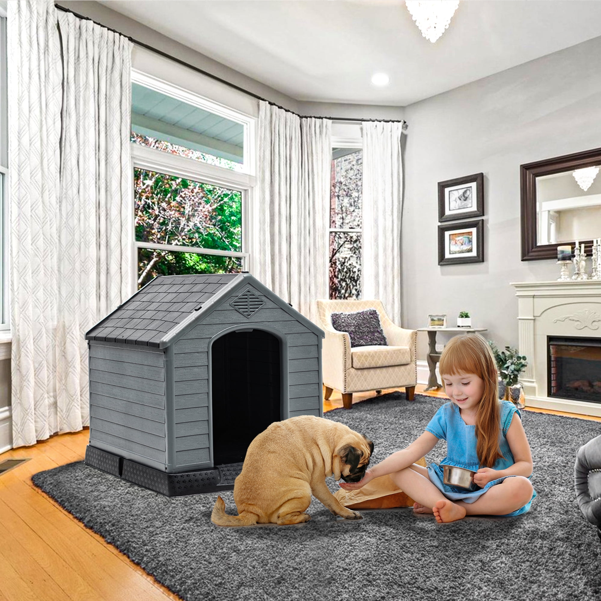 Dextrus Spacious Large Plastic Dog House with Air Vents and Elevated Floor, Weather Resistant Easy Assembly Outdoor Indoor Dog house (34.5''L*31''W*32''H, Black+Gray)