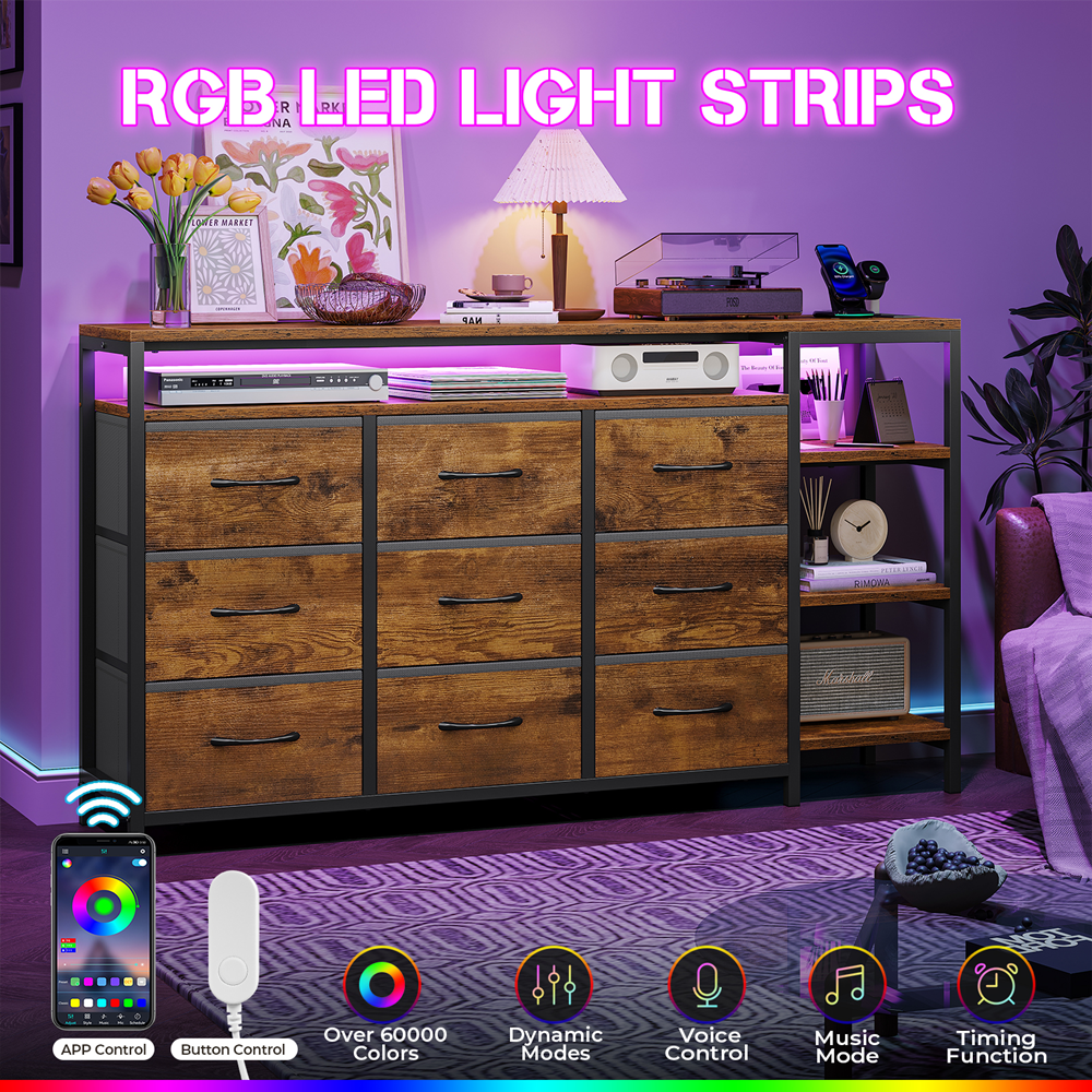 9 Drawers Dressers for Bedroom with LED Lights & Powers Outlets, 53 Inch TV Stand, Entertainment Center with Drawers & Open Shelves for Living Room,Rustic Brown