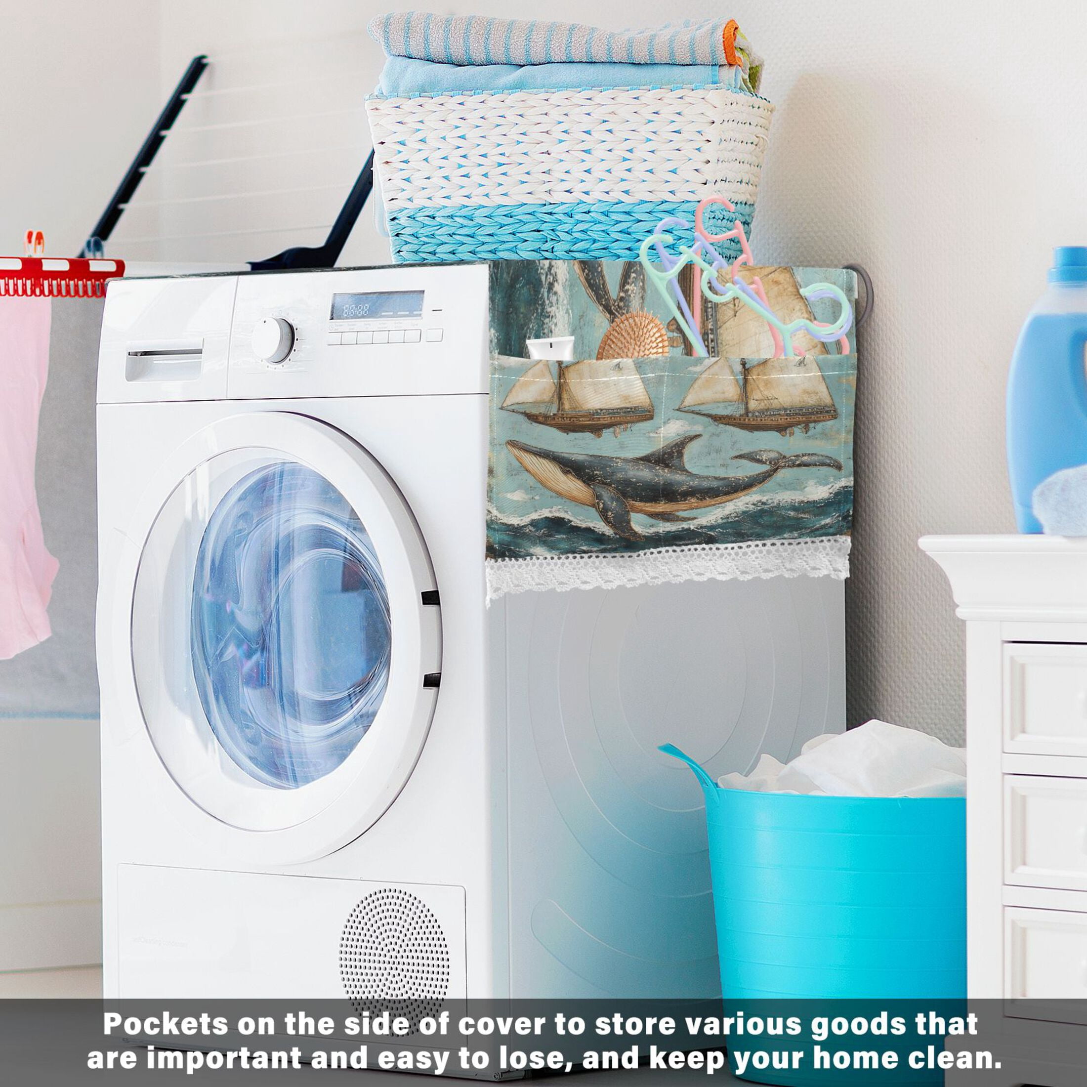 Whales Swim with SailboatsWasher and Dryer Covers Dust-Proof and Oil Resistant Fridge Cover with 4 Storage Pockets Washing Machine Top Cover for Laundry Kitchen Home 51.2 x 22 In