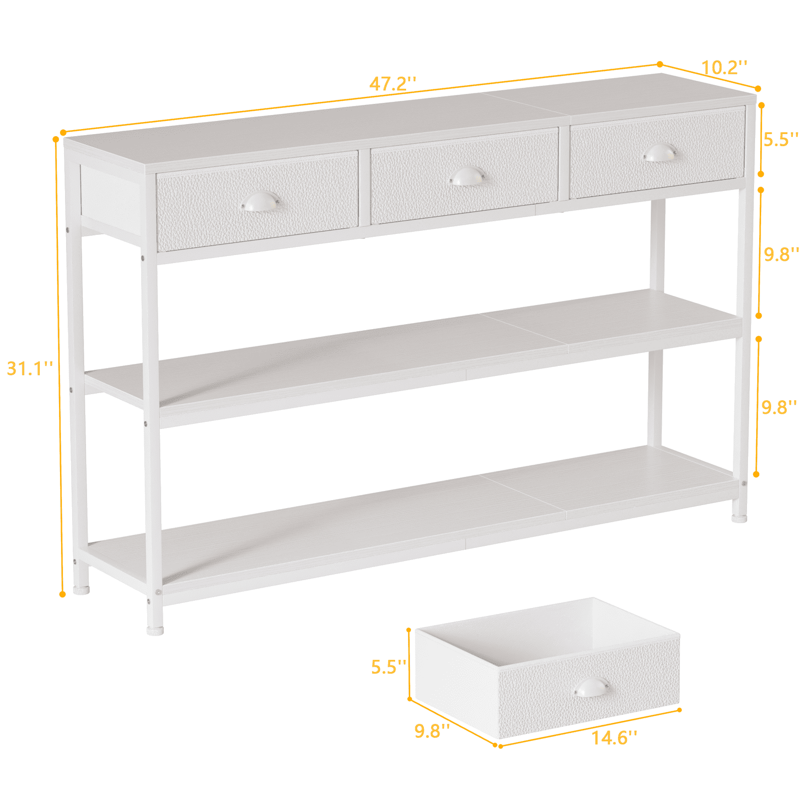 Satifur 47" Entryway Table with 3 Fabric Drawers, Console Table Metal Frame Sofa Table with 2 Shelves for Living Room and Hallway, White