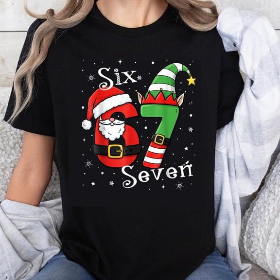 100% Cotton Six Seven Christmas Elf And Santa Number Holiday Funny T-Shirt For Women Men Family Christmas Gift Shirt