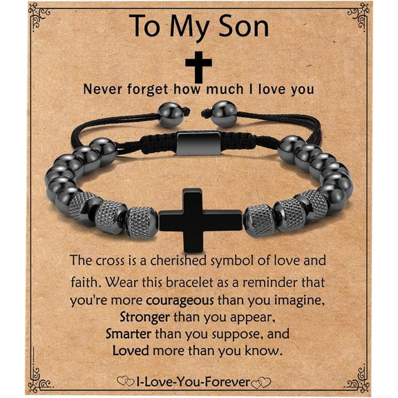 NICKSUN Cross Bracelet Gifts for Boys Men, Adjustable Obsidian Beads Bracelet Christian Religious Bapstim Jewelry Gifts for Son Grandson Teenage Teen Boys