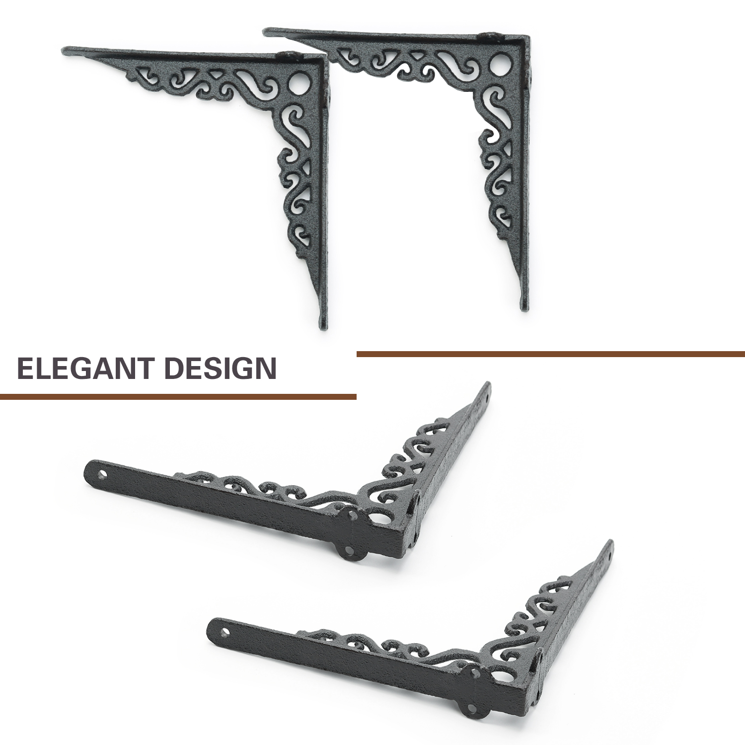 Sungmor 7.3" Cast Iron Shelf Brackets, Wall Hanging Support, Black, 2-Piece