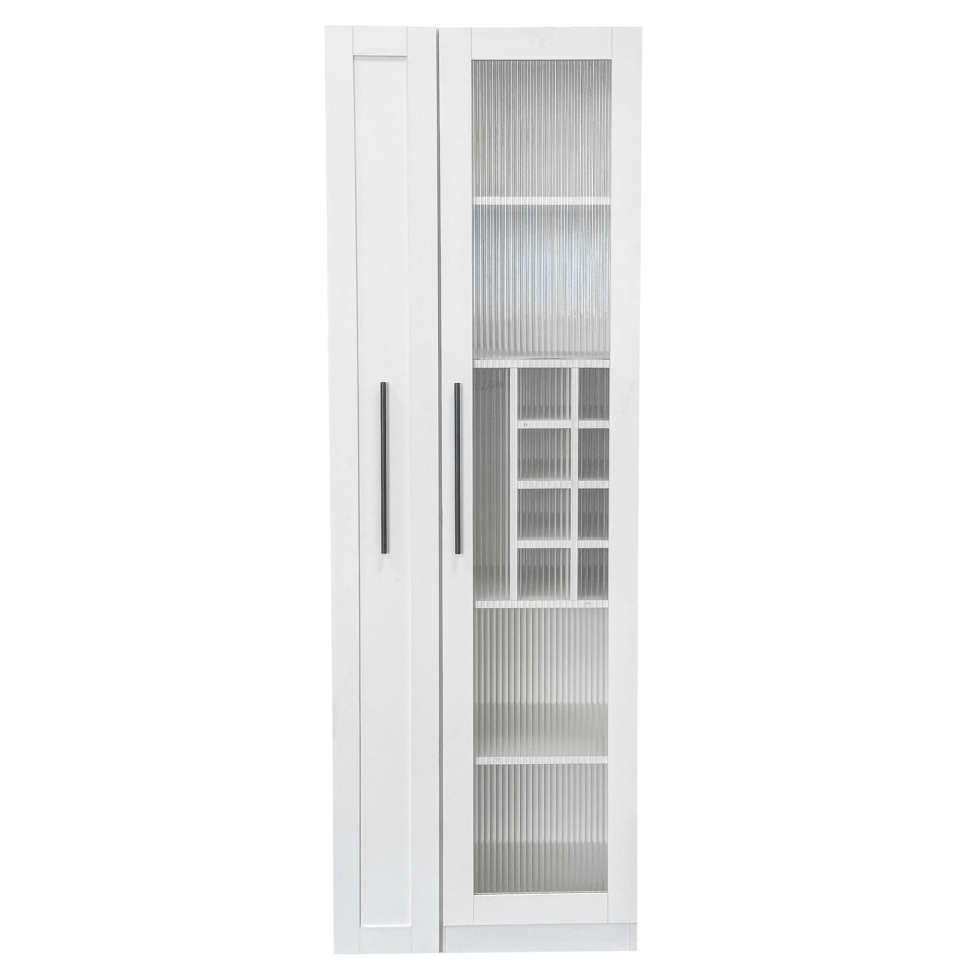Kitchen Pantry Cabinet with Pull Out Shelves, Farmhouse Storage Cabinet with Glass Doors, Multi Tier Organizer for Kitchen Dining Room, White