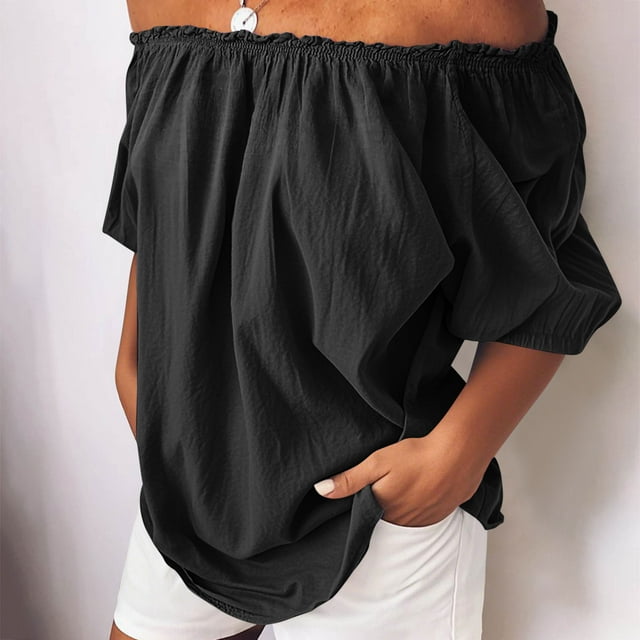 Liquidation à Moins de 7! Sevevn Robe Décontractée Unie à Manches Courtes en Lin Élastique à une Épaule pour Femmes, Super Cadeaux à Petit Prix, Noir P