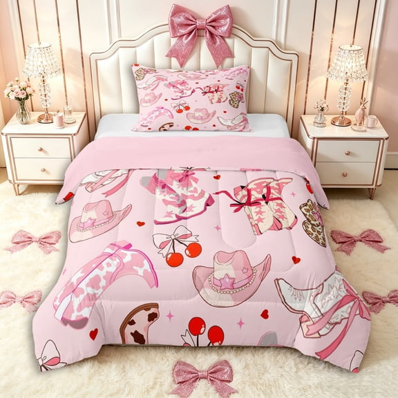 Manfei Western Cowgirl Hats Boots Twin Comforter Sets 3-Piece for Girls Kids,Teens Female Cartoon Cherry Bowknot Bedding Set,Pink Reversible,Luxury Bedroom Decor