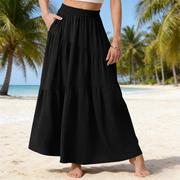Tqcoqu Women's High Waist Flowy Maxi Skirt Pleated Casual Long Skirt with Pockets,Black,Women's S-XXL