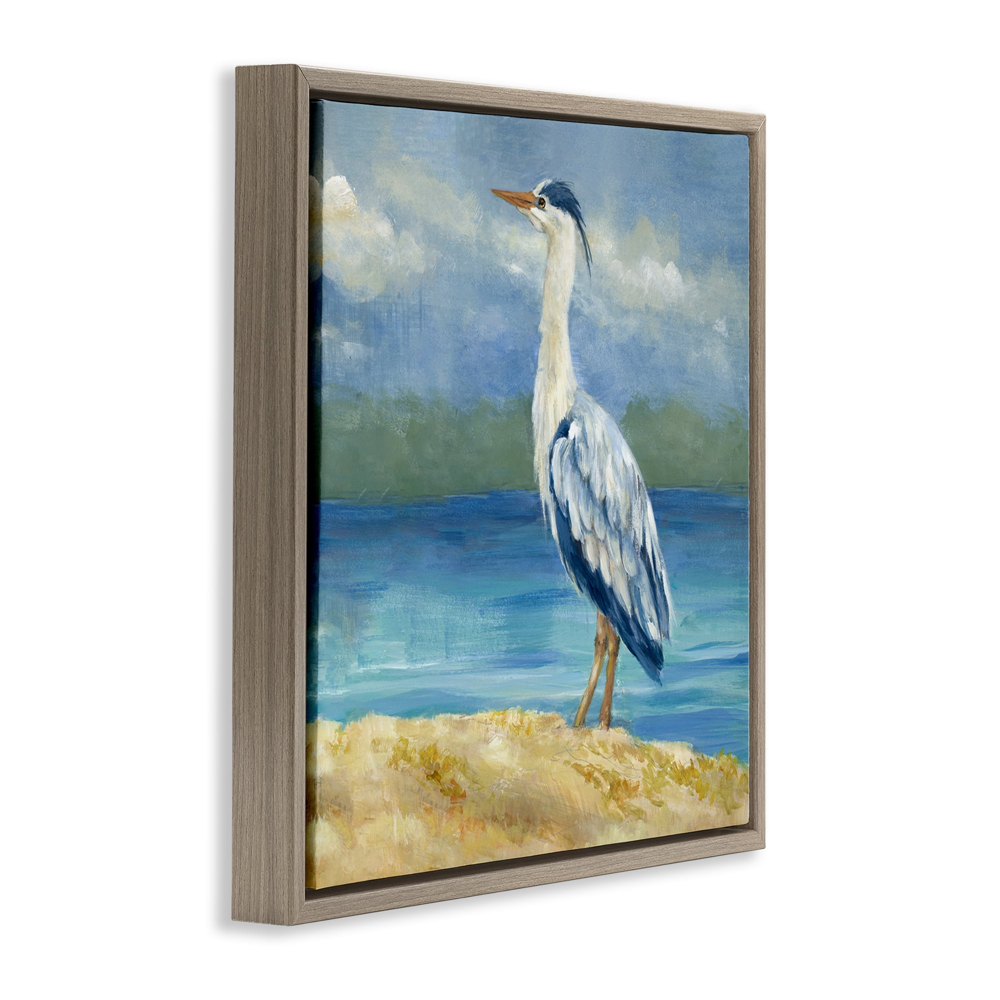 Stupell Industries Heron on Cloudy Beach Nautical & Beach Painting Brown Floater Framed Canvas Art Print Wall Art, 18 x 18