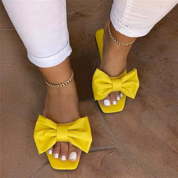 Dpityserensio Ladies Fashion Solid Color Bow Breathable Non-slip Wear-resistant Sandals Summer Women Sandals Clearance Yellow 9.5(43)