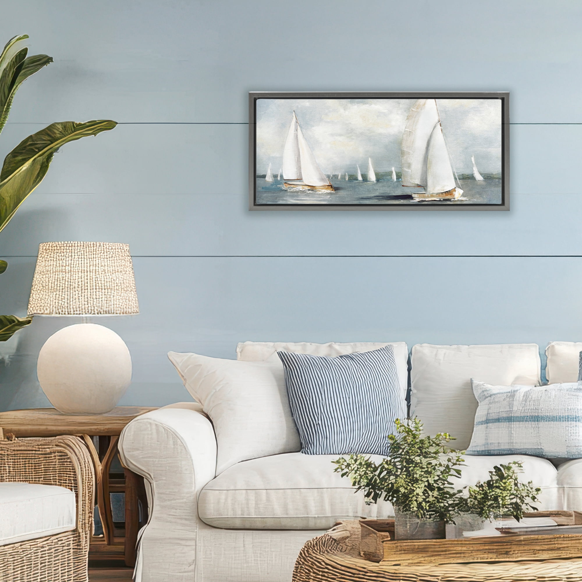 Stupell Industries Windy Sailboat Fleet Gray Framed Floater Canvas Wall Art, design by Sally Swatland