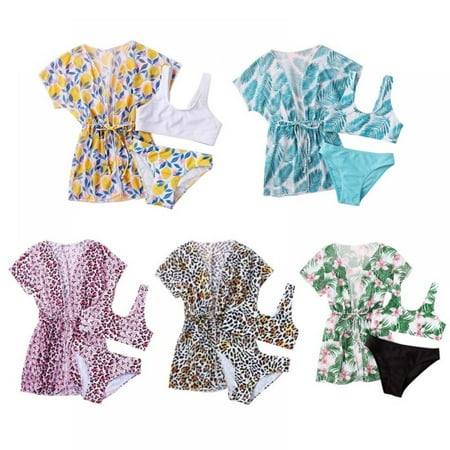 AJZIOJIRO Girls 3 Piece Bathing Suit Swimsuit Swimswear Floral Tropical Print Bikini Swimsuits with Kimono Cover-Up