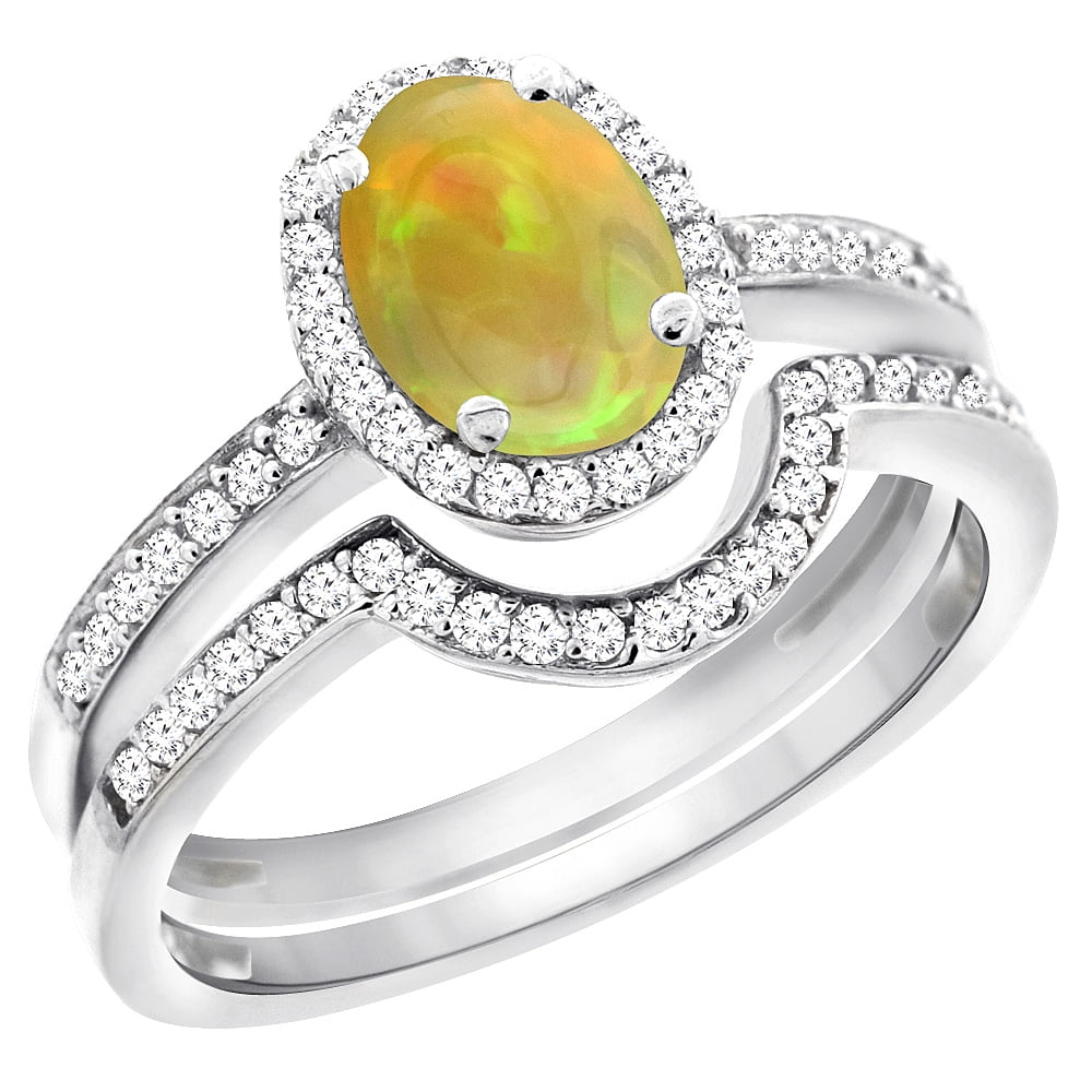 14K White Gold Diamond Natural Ethiopian Opal 2-Pc. Engagement Ring Set Oval 8x6 mm, size 5.5 by Gabriella Gold