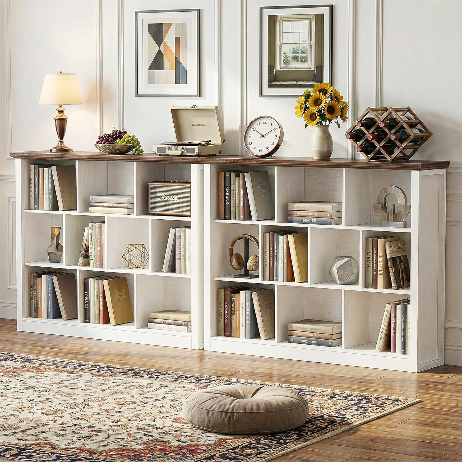 Homieasy 50" Wood Cube Storage Organizer, 10 Cube Storage Book Shelf, Wooden 3 Tiers Floor Standing Low Bookcase for Living Room, Bedroom, Home Office, Kids Room, White & Rustic Brown