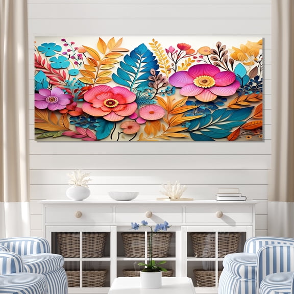 Designart "Vibrant Collage of Tropical Blossoms" Extra Large Floral Wall Art - Traditional Pink Fuschia Living Room Canvas Art