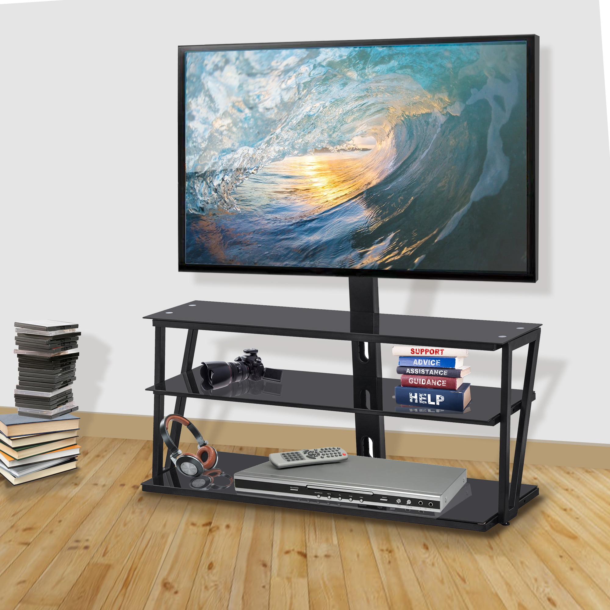 Details about   Floor Swivel TV Stand Tempered Glass Adjustable Height Black Living Room Modern 