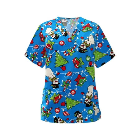 

Asashitenel Women Nursing Scrub Tops Healthcare Tunic Uniform Christmas Printed V-Neck Short Sleeve Tops Nurses Work Uniform Blouses with Pockets