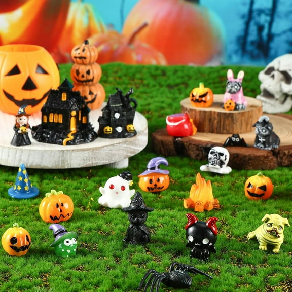 18 Pcs Halloween Miniature Figurines, Mini Resin Pumpkin Ghost Ornaments, Small Halloween Garden Miniature Landscape for Halloween Party Village Bonsai Crafts Outdoor Home Garden Decor