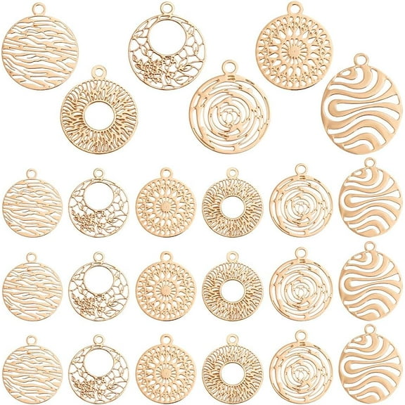 120pcs 6 Styles Brass Filigree Pendants Flat Round Gold Charms Bulk Metal Pendants Hollow Metal Charms for DIY Bracelet Earring Necklace Jewelry Making