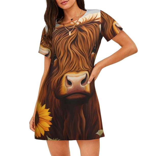 Disketp Countryside Sunflower Cow para Camisón Corto de Manga Corta para Mujeres, Camisón Cómodo con Escote Redondo, Bonito y Confortable