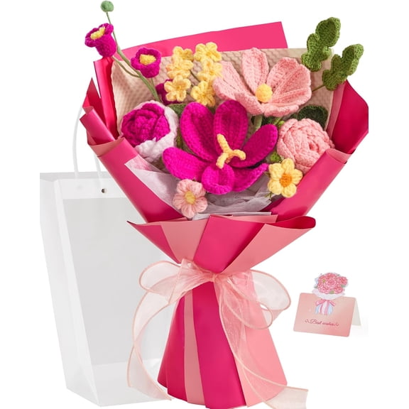 Hand-woven Preserved Bouquets Home Decorations, Crochet Flowers Bouquets with Pink Lilies, Sunflowers, Carnations, Roses, Valentine's Birthday Mother's Days Gifts