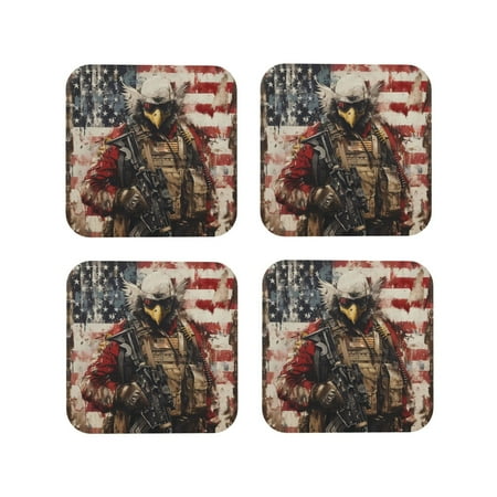 

Leather Coasters Set of 4 - Bald Eagle Soldier Lightweight Non-Slip Drink Coasters for Desk Anti-Scalding Desk Cup Coasters for Office Table Decor Square