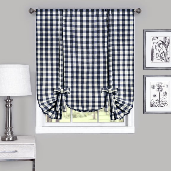 Country Chic Plaid Gingham Tie Up Shade Window Curtain Treatment - Navy