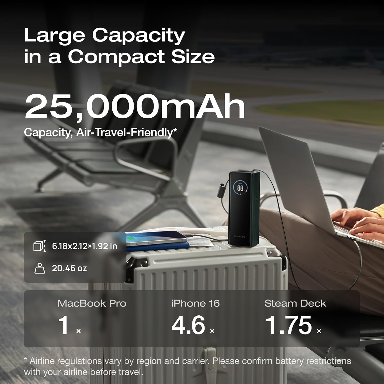 EF EcoFlow Rapid Power Bank, 25,000mAh, 170W, 100W Built-in and Retractable Cables, Portable Charger with Triple 100W USB-C Port, Compatible with iPhone Series, Samsung, Laptop and More, Green