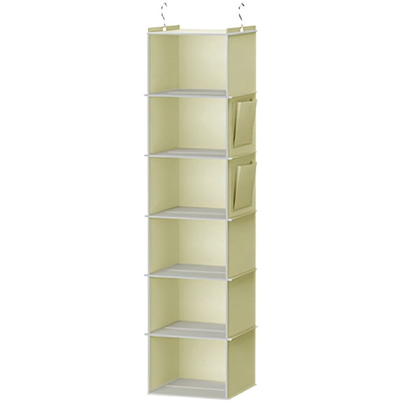 6 Shelves Hanging Organizer, 11.8 x 11.8 x 47.2 in Beige Closet Hanging Wardrobe Organizer with Side Pockets, Foldable Clothes Organizer for Sweaters, Shoes, Purses