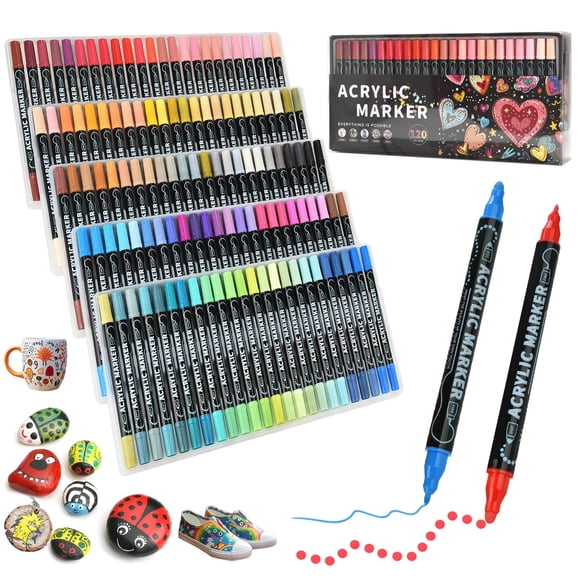 120 Colores Plumone Acrílicos Doble Punta, POVOLE Marcadores Arte Punta Fino & Punto, Resistente al Agua, No Se Desvanece, Rotuladore Colorear Madera Piedra Vidrio Plástico M