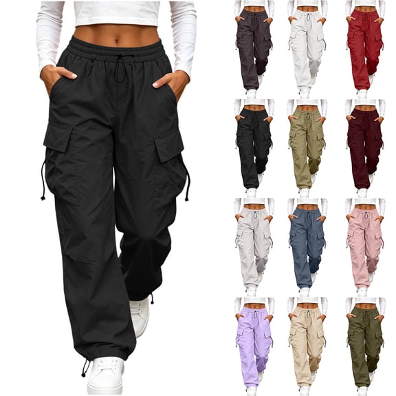 Axiiglly Cargo Pants for Women, Casual Drawstring Elastic Waist Black Work Pants with Multi Pockets, Baggy Stretchy Straight Leg Hiking Streetwear, XXS-2XL