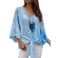 thumbnail image 4 of Xuanfei Women Tie Dye Print V Neck Front Knot Design 3/4 Flare Sleeve Blouse, 4 of 7